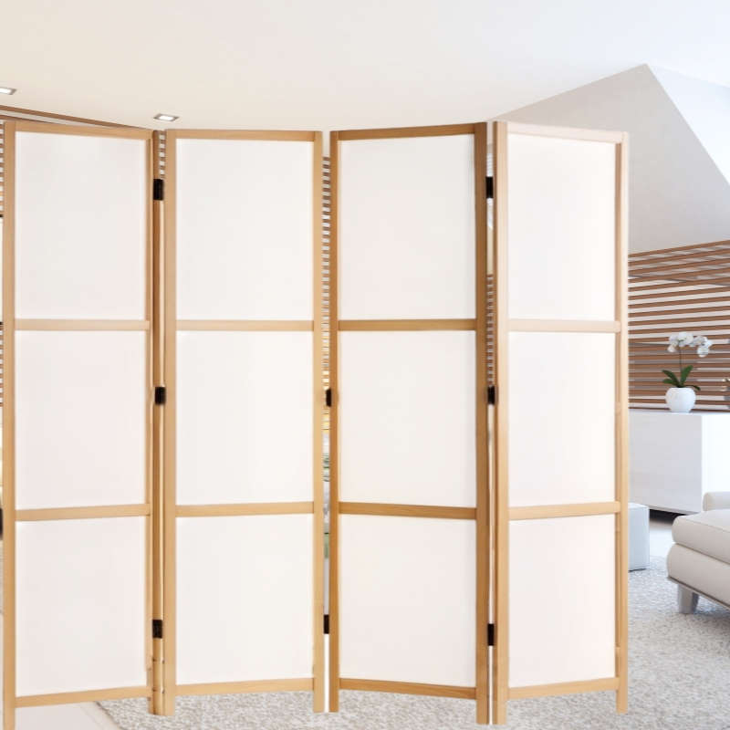 Partition Room Divider - White 4-Panel Correx Board Folding Privacy Screen Room Divider with Wood...