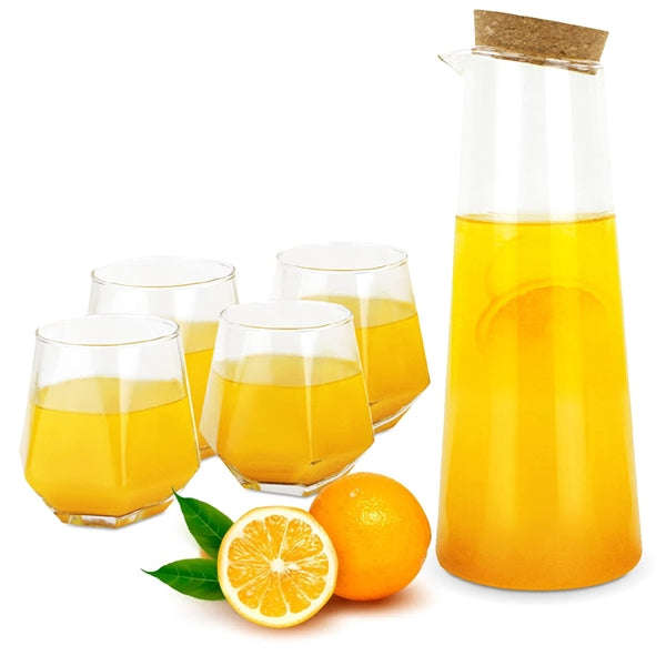 Borosilicate Glass Pitcher Set - Set of 5 Pcs Borosilicate Glass Carafe with Cork Stopper For Hot...