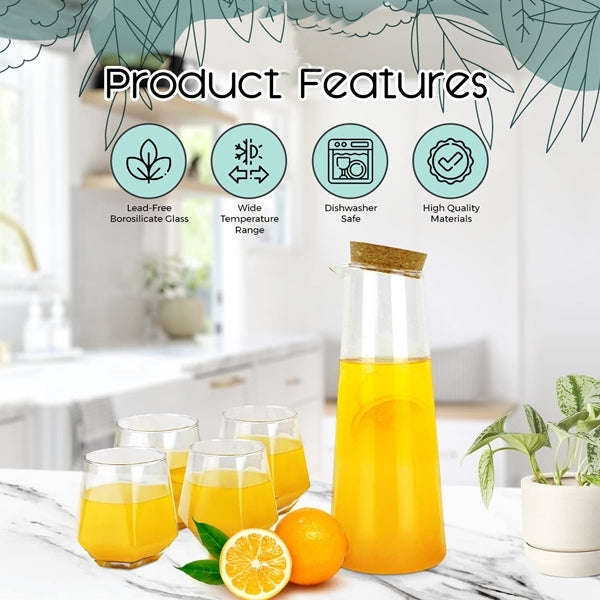 Borosilicate Glass Pitcher Set - Set of 5 Pcs Borosilicate Glass Carafe with Cork Stopper For Hot...
