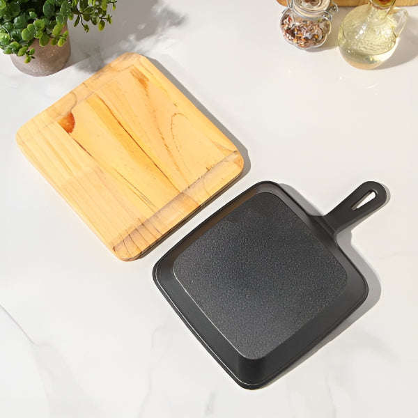 Cast Iron Pan - Square Skillet Cast Iron Pan with Handle and Wooden Base Board