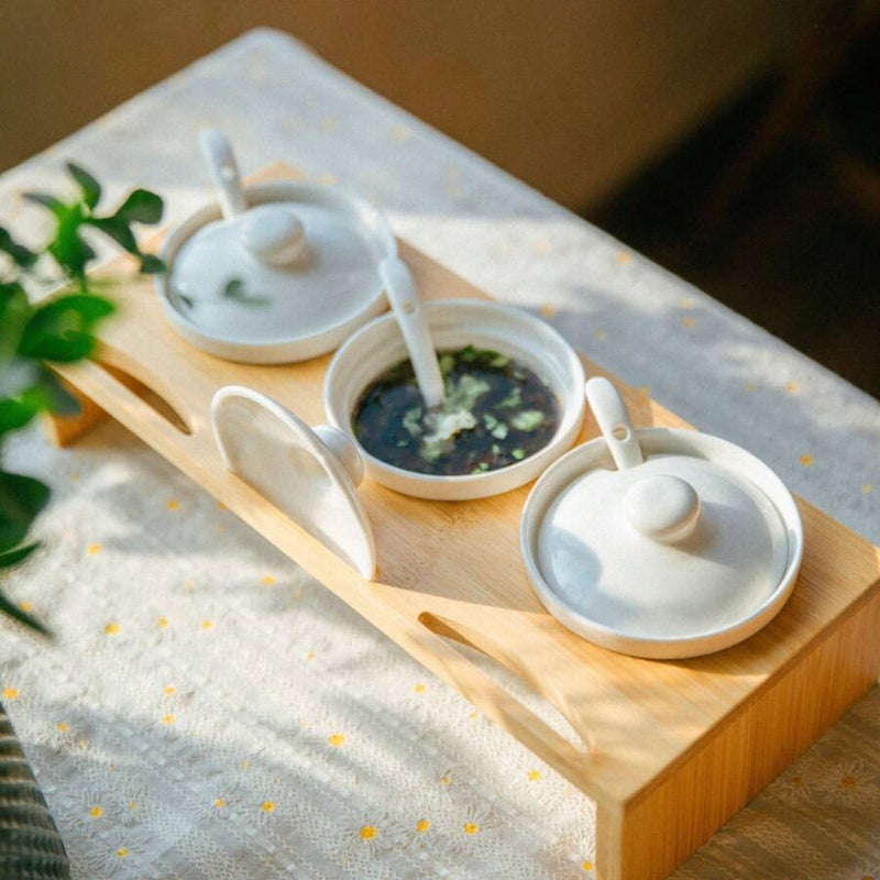 Condiment Dip Sauce Set with Lids and Spoons on Bamboo Stand Serving Tray