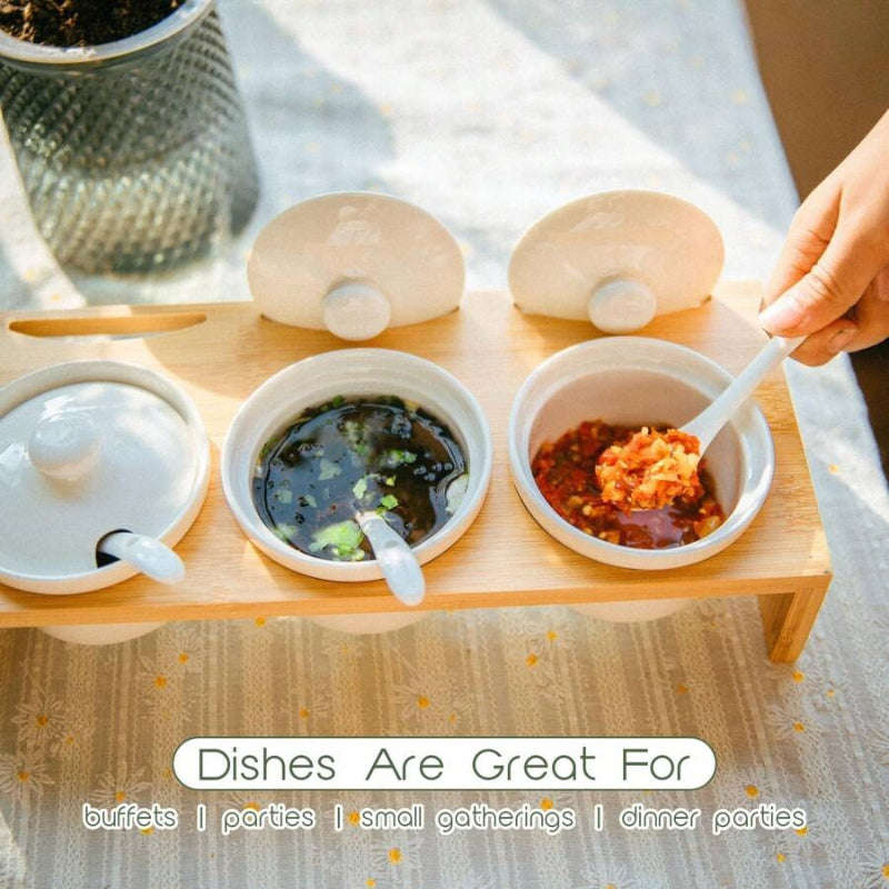 Condiment Dip Sauce Set with Lids and Spoons on Bamboo Stand Serving Tray