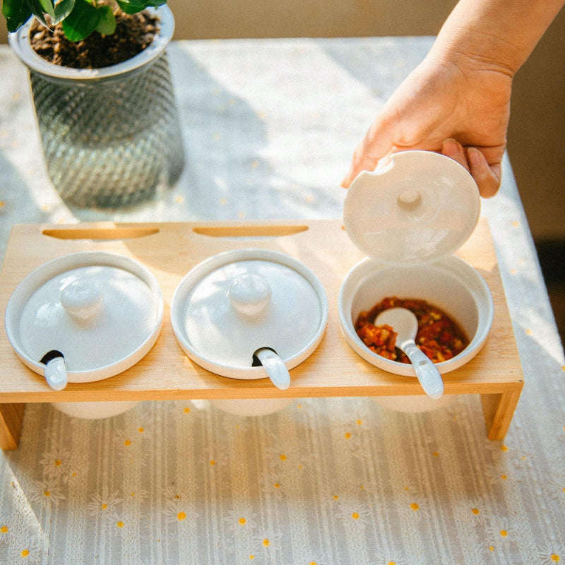 Condiment Dip Sauce Set with Lids and Spoons on Bamboo Stand Serving Tray