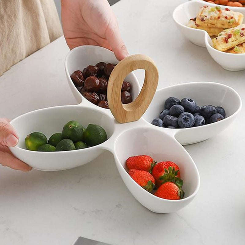 Creative 4 Divided Compartment Serving Dish Condiment Set with Wooden Bamboo Handle
