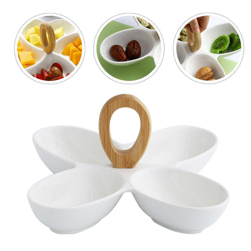 Creative 4 Divided Compartment Serving Dish Condiment Set with Wooden Bamboo Handle
