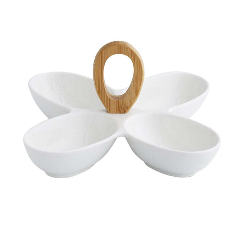 Creative 4 Divided Compartment Serving Dish Condiment Set with Wooden Bamboo Handle