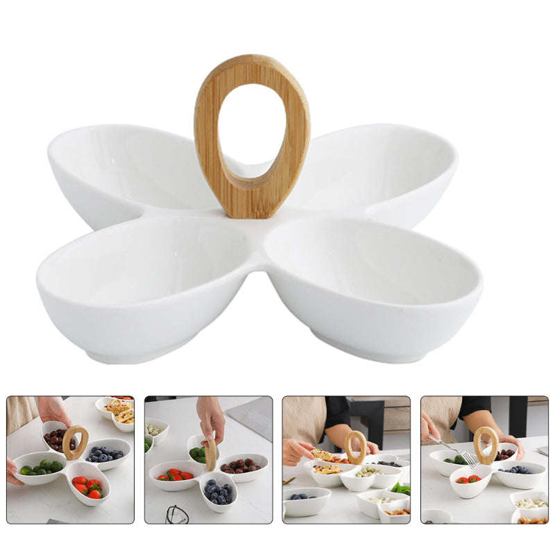 Creative 4 Divided Compartment Serving Dish Condiment Set with Wooden Bamboo Handle