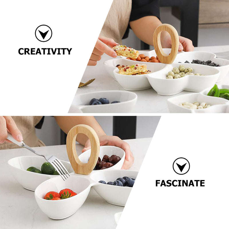 Creative 4 Divided Compartment Serving Dish Condiment Set with Wooden Bamboo Handle