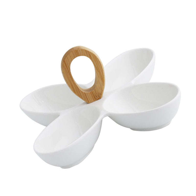 Creative 4 Divided Compartment Serving Dish Condiment Set with Wooden Bamboo Handle