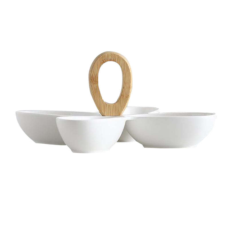 Creative 4 Divided Compartment Serving Dish Condiment Set with Wooden Bamboo Handle