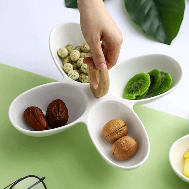 Creative 4 Divided Compartment Serving Dish Condiment Set with Wooden Bamboo Handle