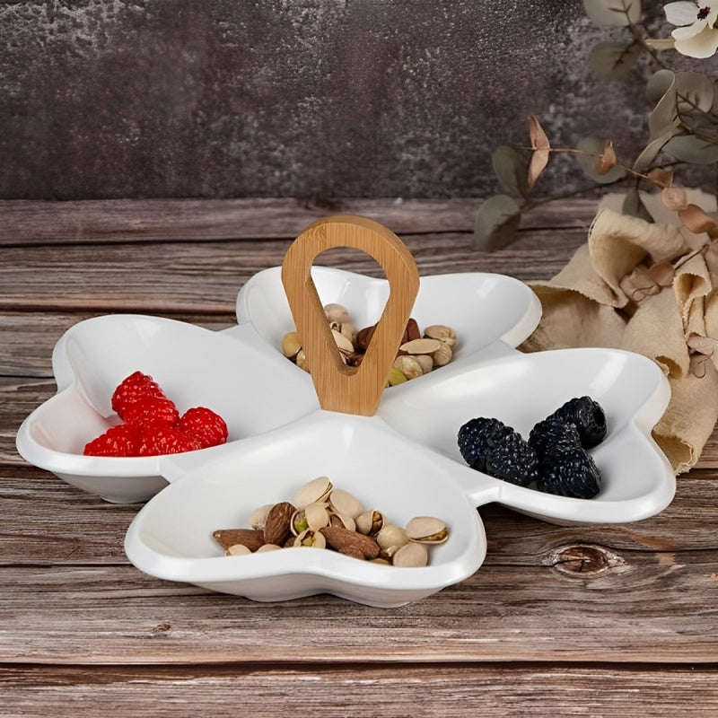 Creative Heart 4 Divided Compartment Serving Dish Condiment Set with Wooden Bamboo Handle