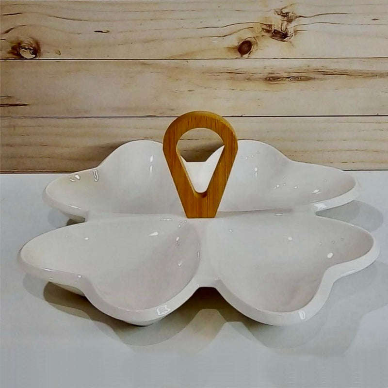 Creative Heart 4 Divided Compartment Serving Dish Condiment Set with Wooden Bamboo Handle