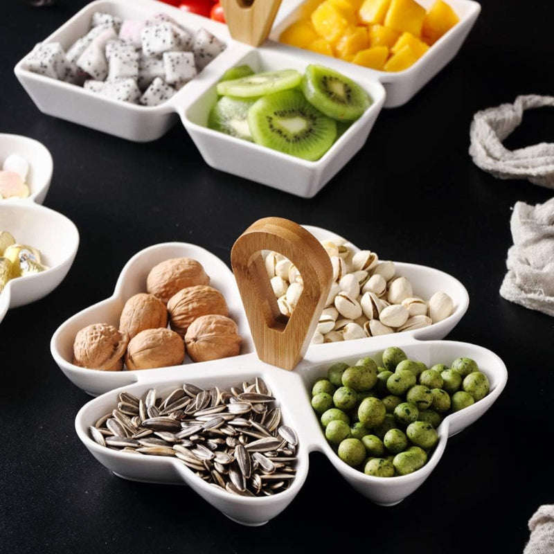 Creative Heart 4 Divided Compartment Serving Dish Condiment Set with Wooden Bamboo Handle