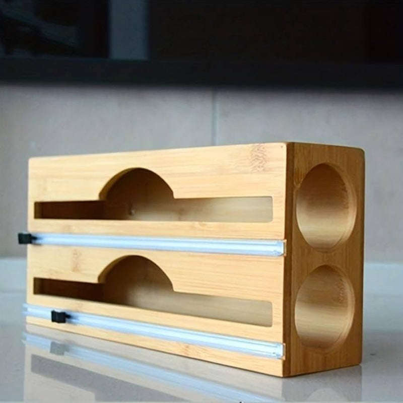 Double Layer Bamboo Plastic Cling Wrap Dispenser with Cutter
