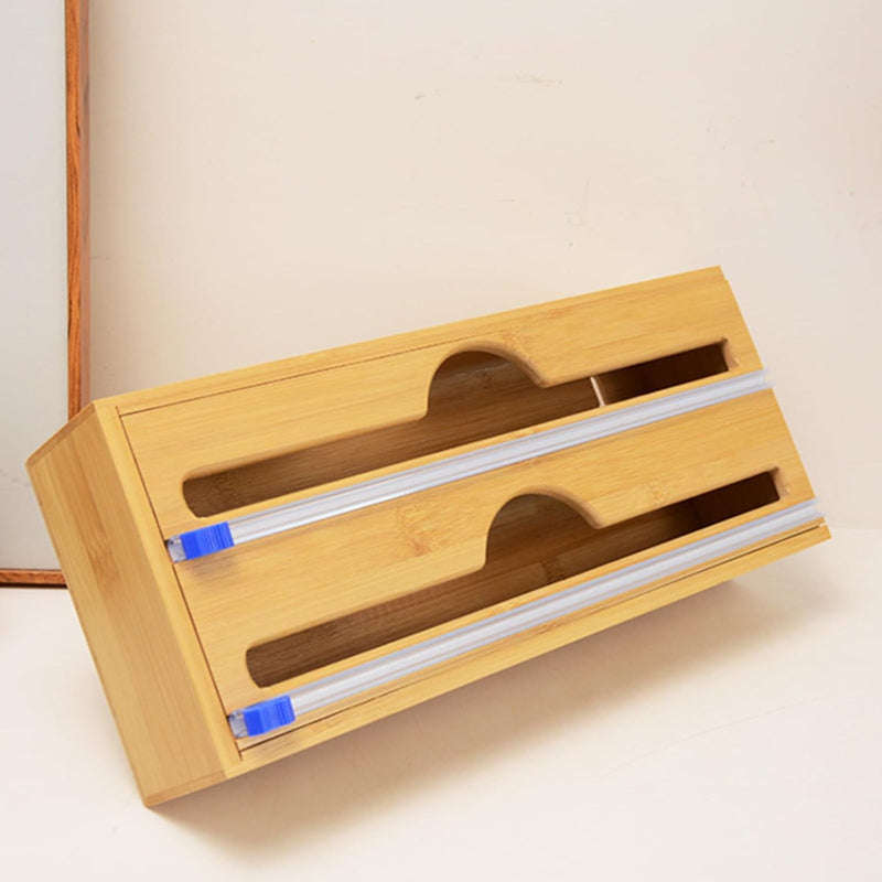 Double Layer Bamboo Plastic Cling Wrap Dispenser with Cutter