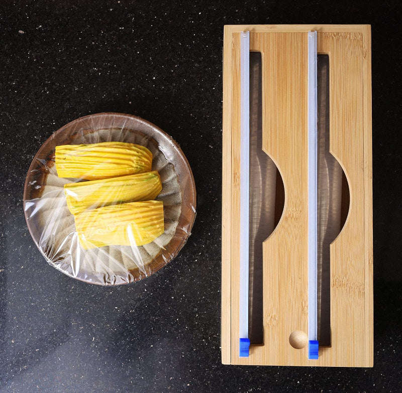 Double Layer Bamboo Plastic Cling Wrap Dispenser with Cutter