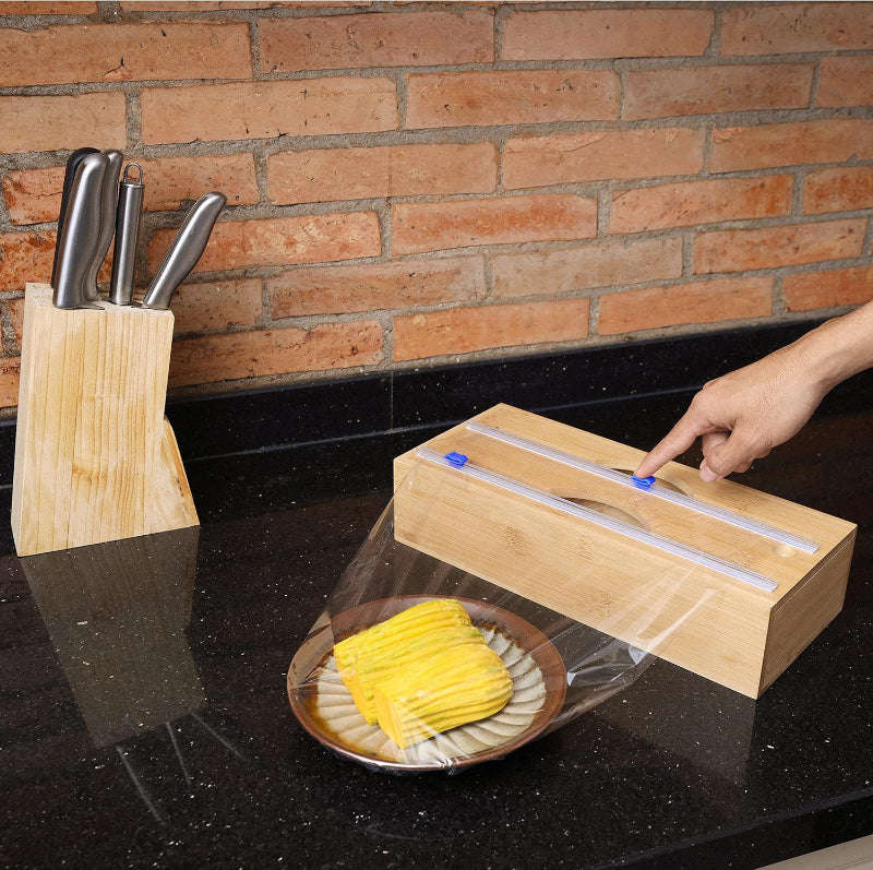 Double Layer Bamboo Plastic Cling Wrap Dispenser with Cutter