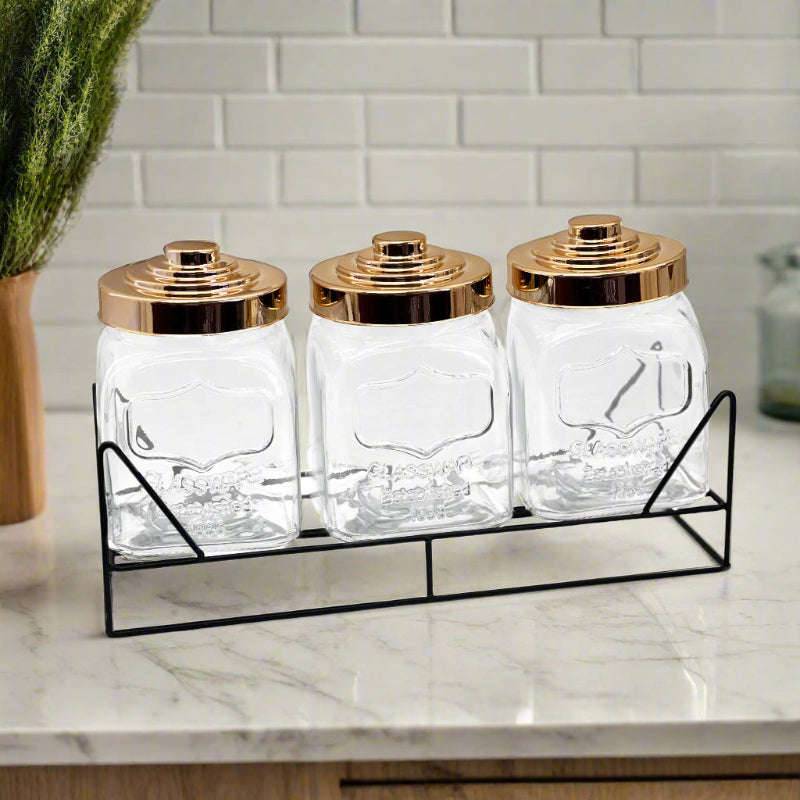 Elegant 4-Piece Glass Canister Set with Sleek Black Metal Stand