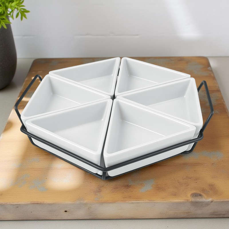 Four-Section White Ceramic Tray Serving Set with Metal Rack