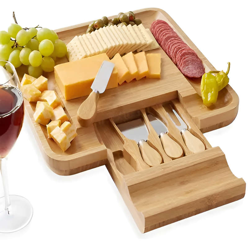 Bamboo Serving Platter Set - Natural Flat Wood Bamboo Cutting Board Serving Platter with 4 Stainl...