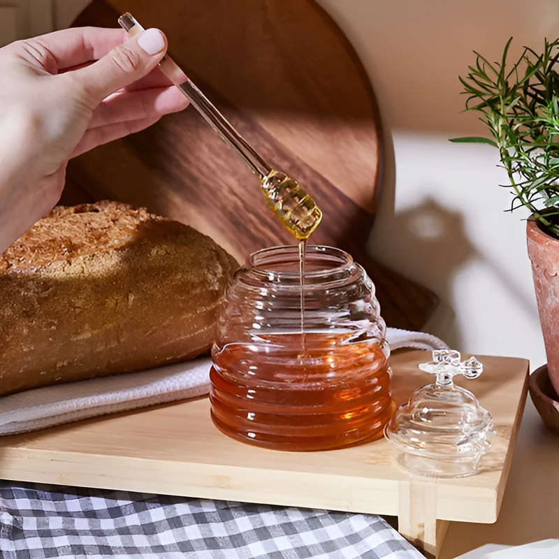Clear Borosilicate Glass Honey Jar with Dipper and Dustproof Lid