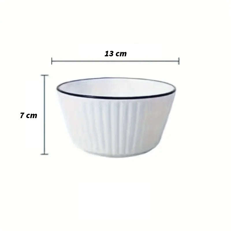 Set of 4 White with Black Rim Stackable Ceramic Simple Bowls (13 x 7 cm)