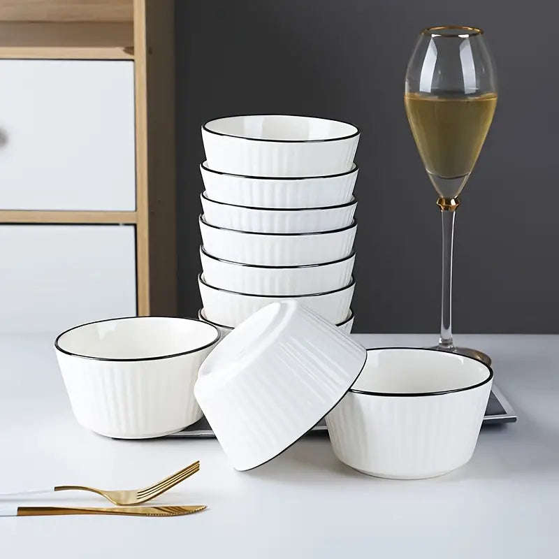 Set of 4 White with Black Rim Stackable Ceramic Simple Bowls (13 x 7 cm)