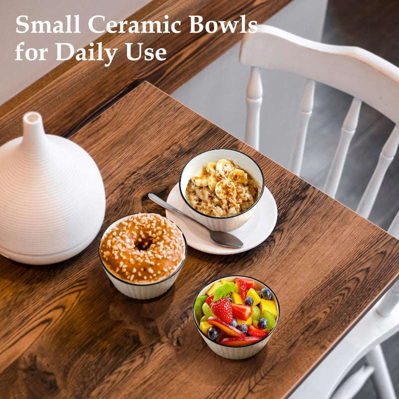 Set of 4 White with Black Rim Stackable Ceramic Simple Bowls (13 x 7 cm)