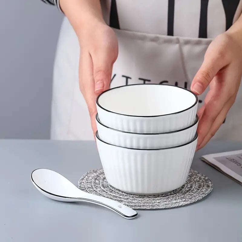 Set of 4 White with Black Rim Stackable Ceramic Simple Bowls (13 x 7 cm)