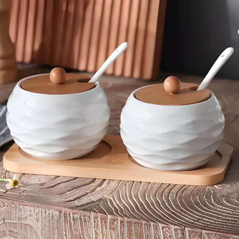 Set of 2 Spice Jars with Lids, Spoons and Wooden Holder