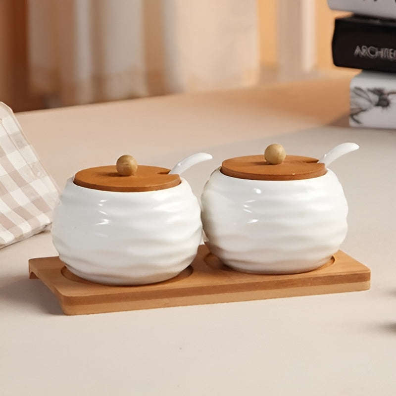 Set of 2 Spice Jars with Lids, Spoons and Wooden Holder