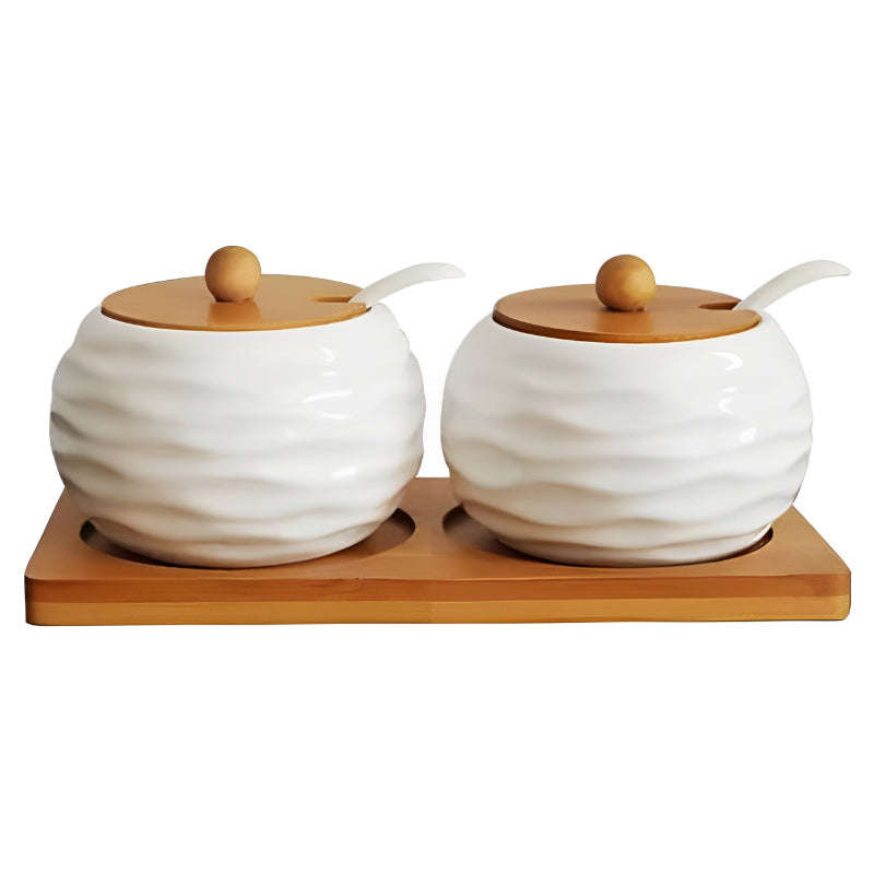 Set of 2 Spice Jars with Lids, Spoons and Wooden Holder
