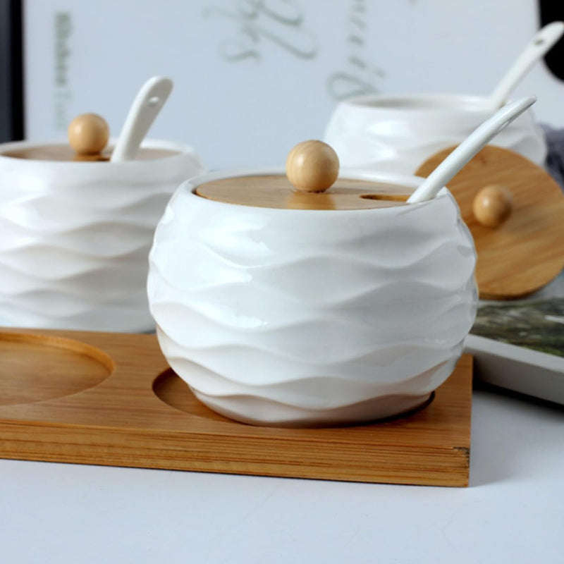 Set of 2 Spice Jars with Lids, Spoons and Wooden Holder