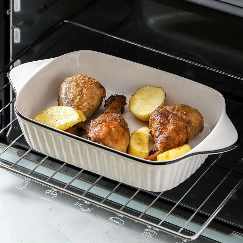 Set of 2 White with Black Rim Ceramic Rectangular Baking Dish with Handles