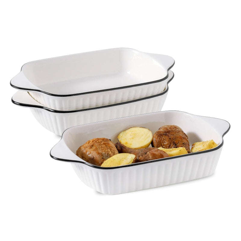 Set of 2 White with Black Rim Ceramic Rectangular Baking Dish with Handles