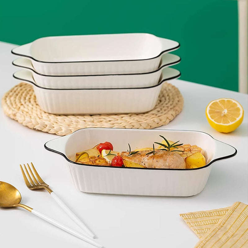 Set of 2 White with Black Rim Ceramic Rectangular Baking Dish with Handles