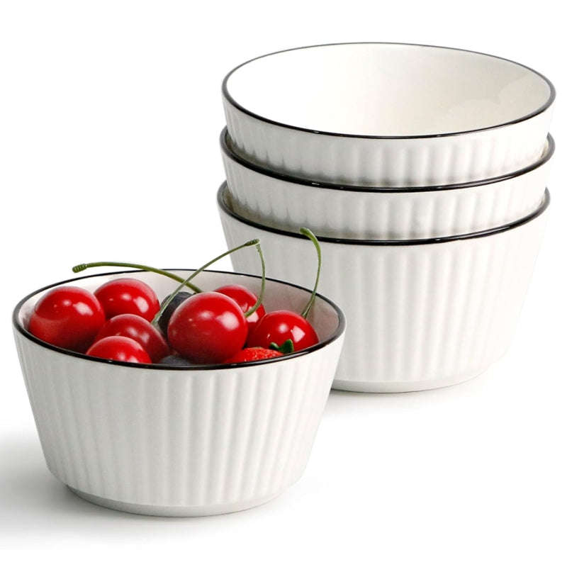 Set of 4 White with Black Rim Stackable Ceramic Simple Bowls (13 x 7 cm)