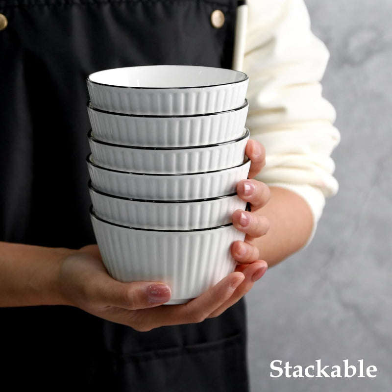 Set of 4 White with Black Rim Stackable Ceramic Simple Bowls (13 x 7 cm)
