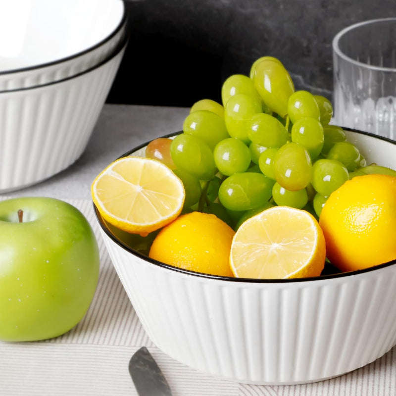 Set of 4 White with Black Rim Stackable Ceramic Simple Bowls (20 x 8 cm)