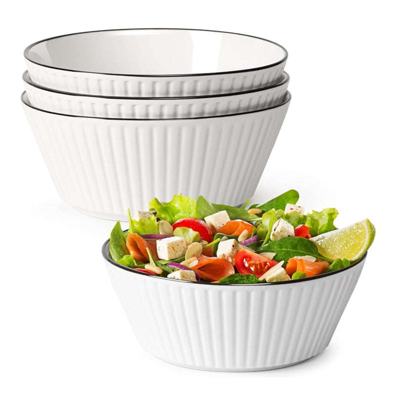 Set of 4 White with Black Rim Stackable Ceramic Simple Bowls (20 x 8 cm)