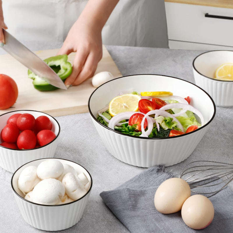 Set of 4 White with Black Rim Stackable Ceramic Simple Bowls (20 x 8 cm)