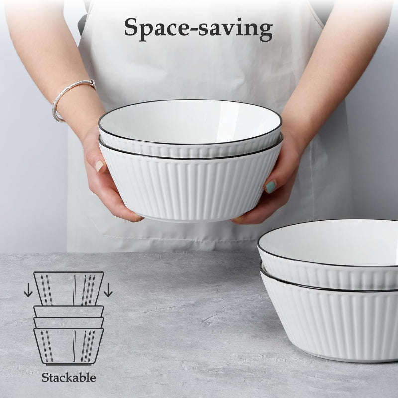 Set of 4 White with Black Rim Stackable Ceramic Simple Bowls (20 x 8 cm)