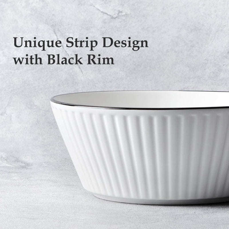 Set of 4 White with Black Rim Stackable Ceramic Simple Bowls (20 x 8 cm)