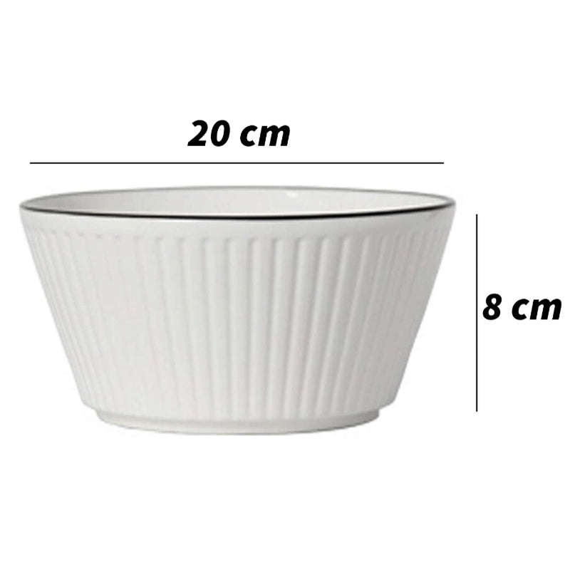Set of 4 White with Black Rim Stackable Ceramic Simple Bowls (20 x 8 cm)