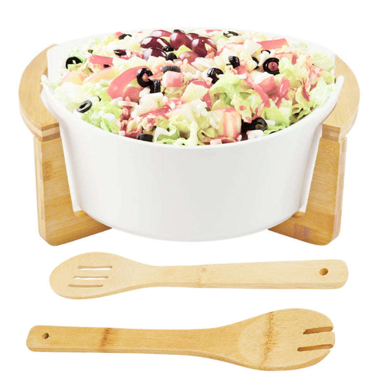 Set of Large Ceramic Serving Bowl with Wooden Stand Holder and Wooden Utensils