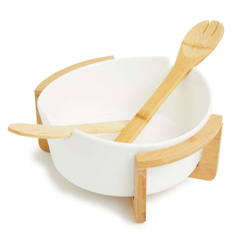Set of Large Ceramic Serving Bowl with Wooden Stand Holder and Wooden Utensils