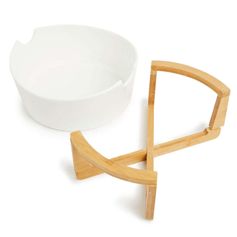 Set of Large Ceramic Serving Bowl with Wooden Stand Holder and Wooden Utensils