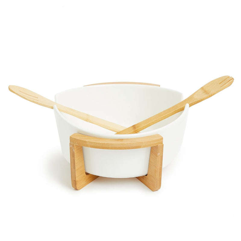 Set of Large Ceramic Serving Bowl with Wooden Stand Holder and Wooden Utensils