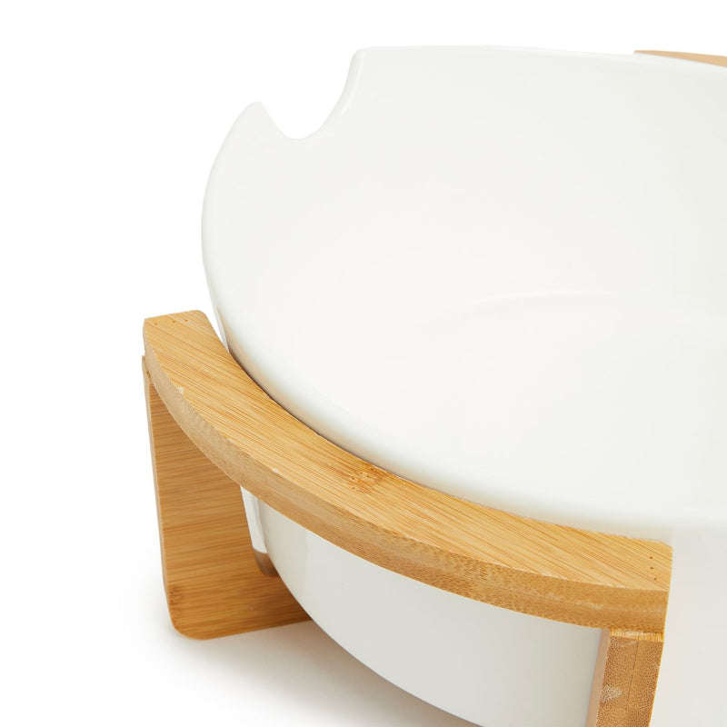 Set of Large Ceramic Serving Bowl with Wooden Stand Holder and Wooden Utensils